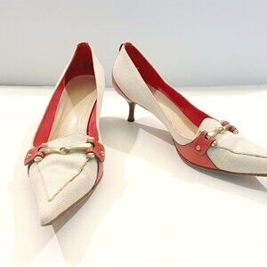 Timeless Gucci Ivory Canvas & Cimarron Red Leather Heels - Size 10B